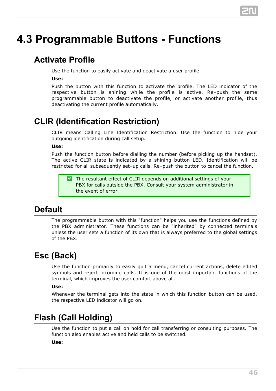 3 programmable buttons - functions, Activate profile, Clir (identification restriction) | Default, Esc (back), Flash (call holding) | 2N StarPoint manual User Manual | Page 46 / 60