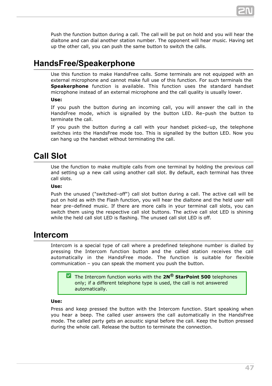 Handsfree/speakerphone, Call slot, Intercom | 2N StarPoint manual User Manual | Page 47 / 60