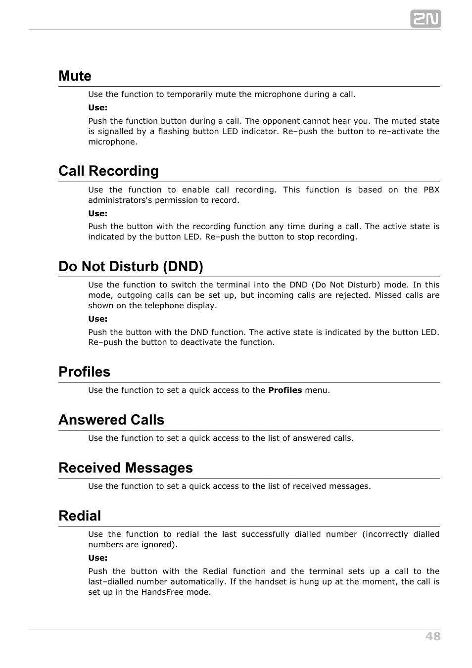 Mute, Call recording, Do not disturb (dnd) | Profiles, Answered calls, Received messages, Redial | 2N StarPoint manual User Manual | Page 48 / 60