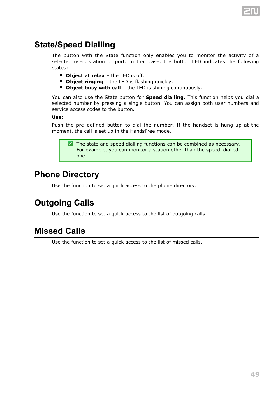 State/speed dialling, Phone directory, Outgoing calls | Missed calls | 2N StarPoint manual User Manual | Page 49 / 60