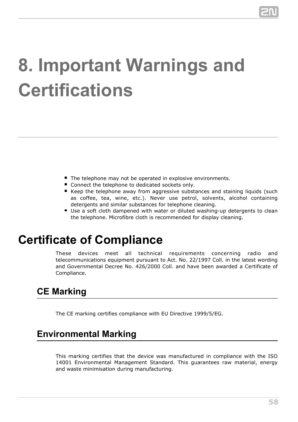 Important warnings and certifications, Certificate of compliance, Ce marking | Environmental marking | 2N StarPoint manual User Manual | Page 58 / 60