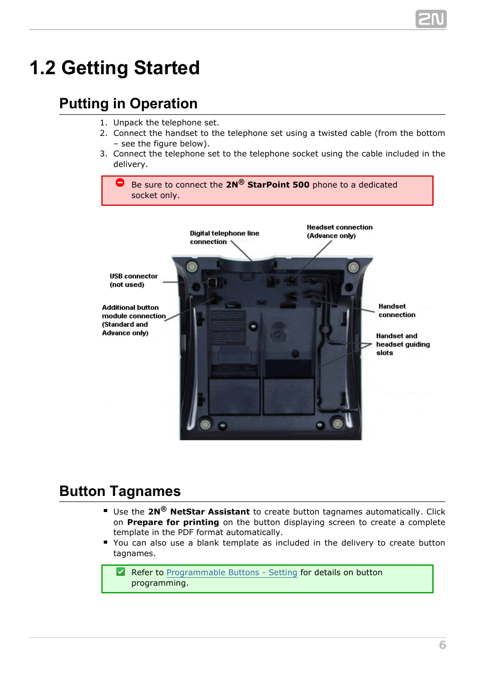 2 getting started, Putting in operation, Button tagnames | 2N StarPoint manual User Manual | Page 6 / 60