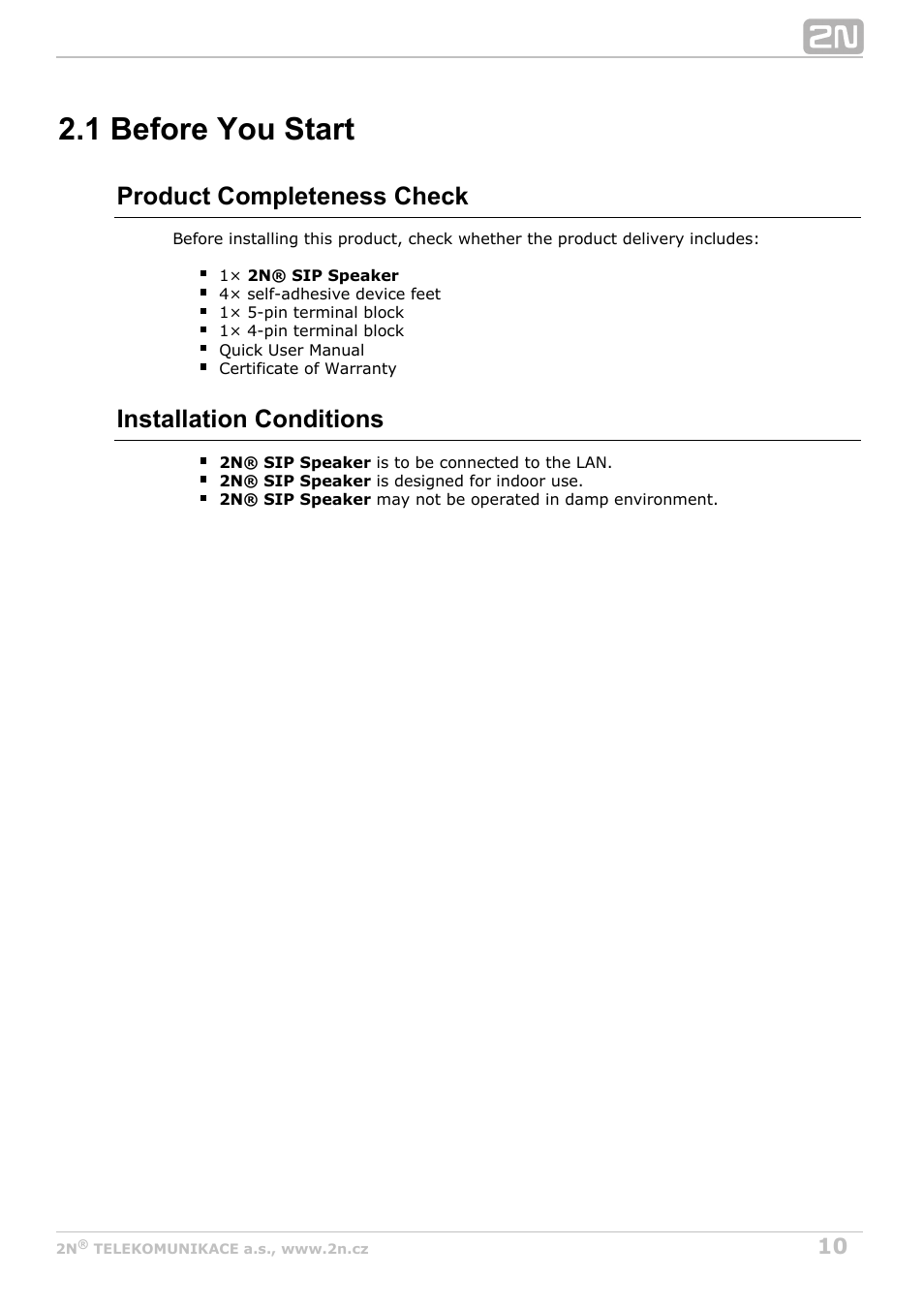 1 before you start, Product completeness check, Installation conditions | 2N SIP Speaker Installation v2.1 User Manual | Page 10 / 36