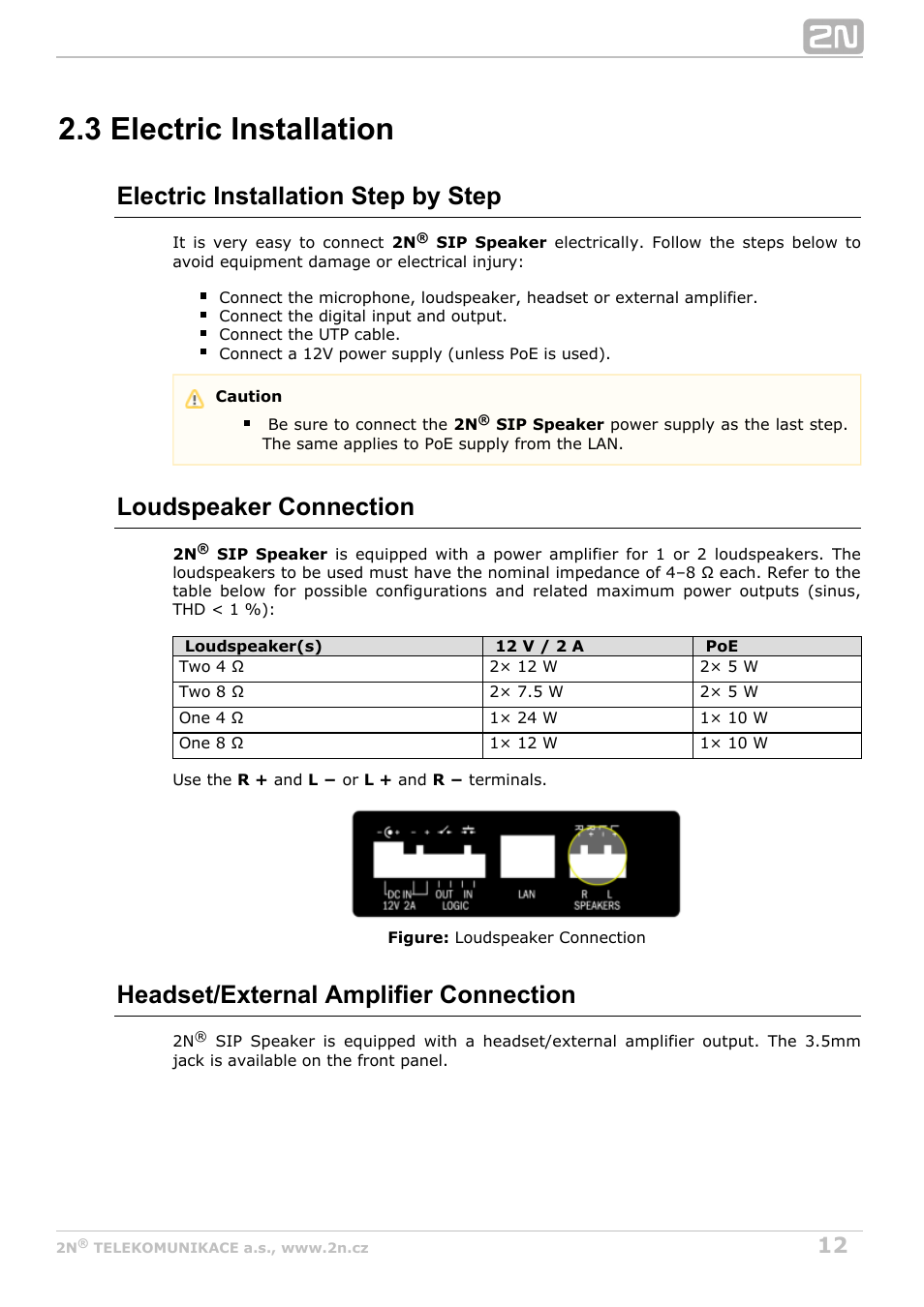 3 electric installation, Electric installation step by step, Loudspeaker connection | Headset/external amplifier connection | 2N SIP Speaker Installation v2.1 User Manual | Page 12 / 36