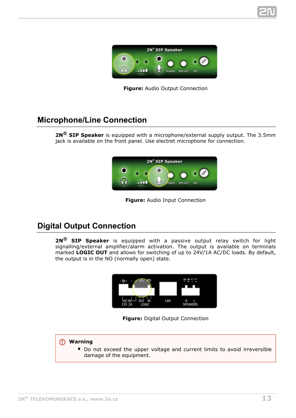 Microphone/line connection, Digital output connection | 2N SIP Speaker Installation v2.1 User Manual | Page 13 / 36