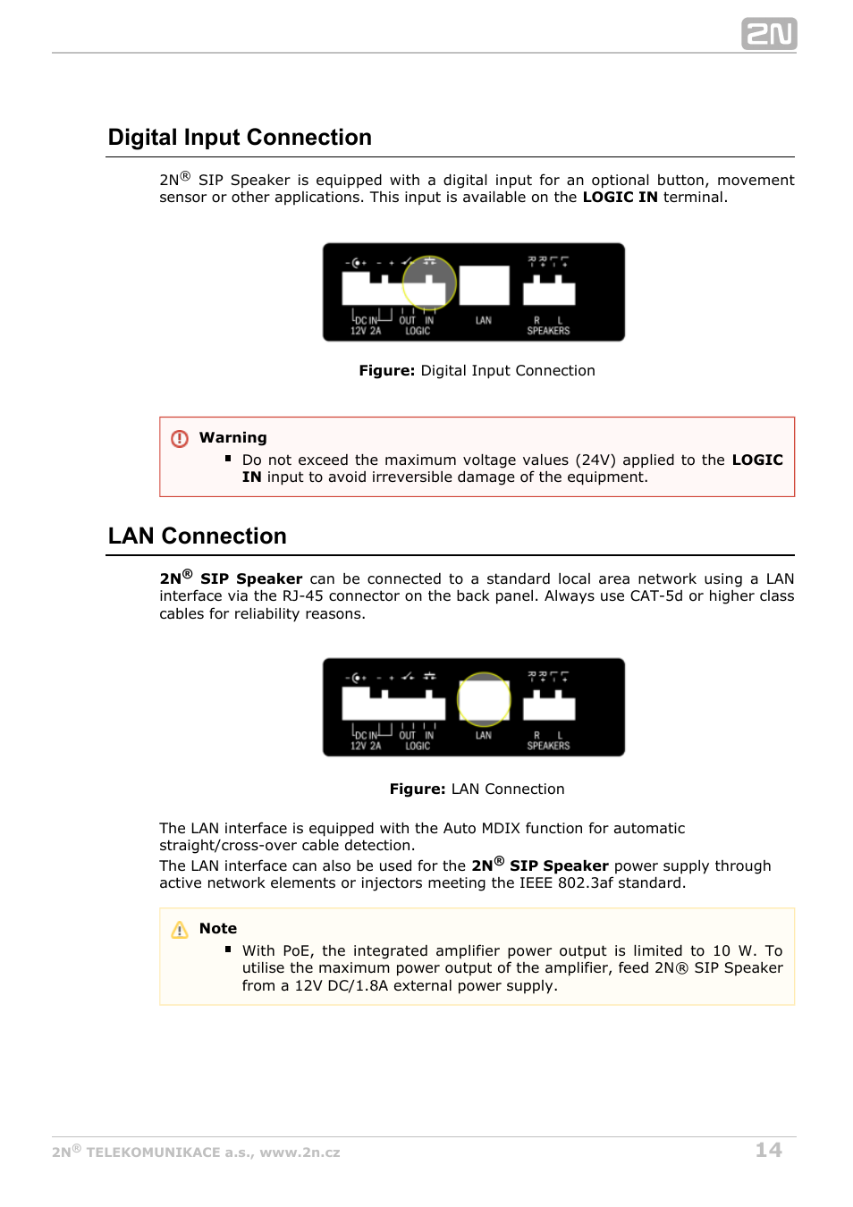 Digital input connection, Lan connection | 2N SIP Speaker Installation v2.1 User Manual | Page 14 / 36