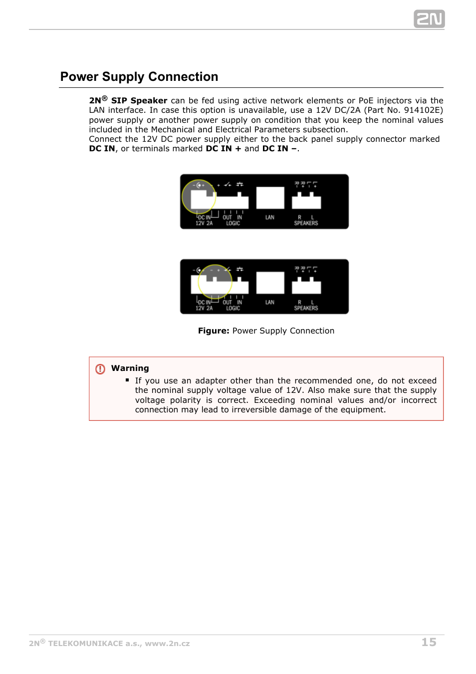 Power supply connection | 2N SIP Speaker Installation v2.1 User Manual | Page 15 / 36