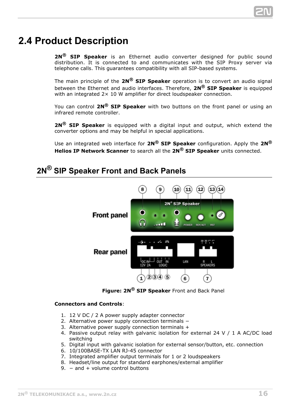 4 product description, 2n sip speaker front and back panels | 2N SIP Speaker Installation v2.1 User Manual | Page 16 / 36