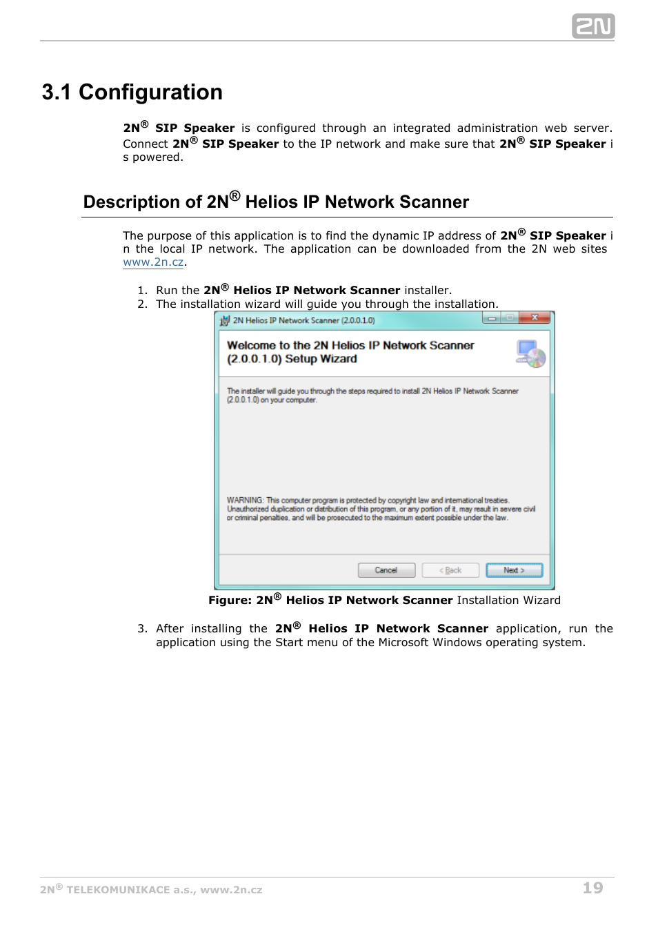 1 configuration, Description of 2n helios ip network scanner | 2N SIP Speaker Installation v2.1 User Manual | Page 19 / 36