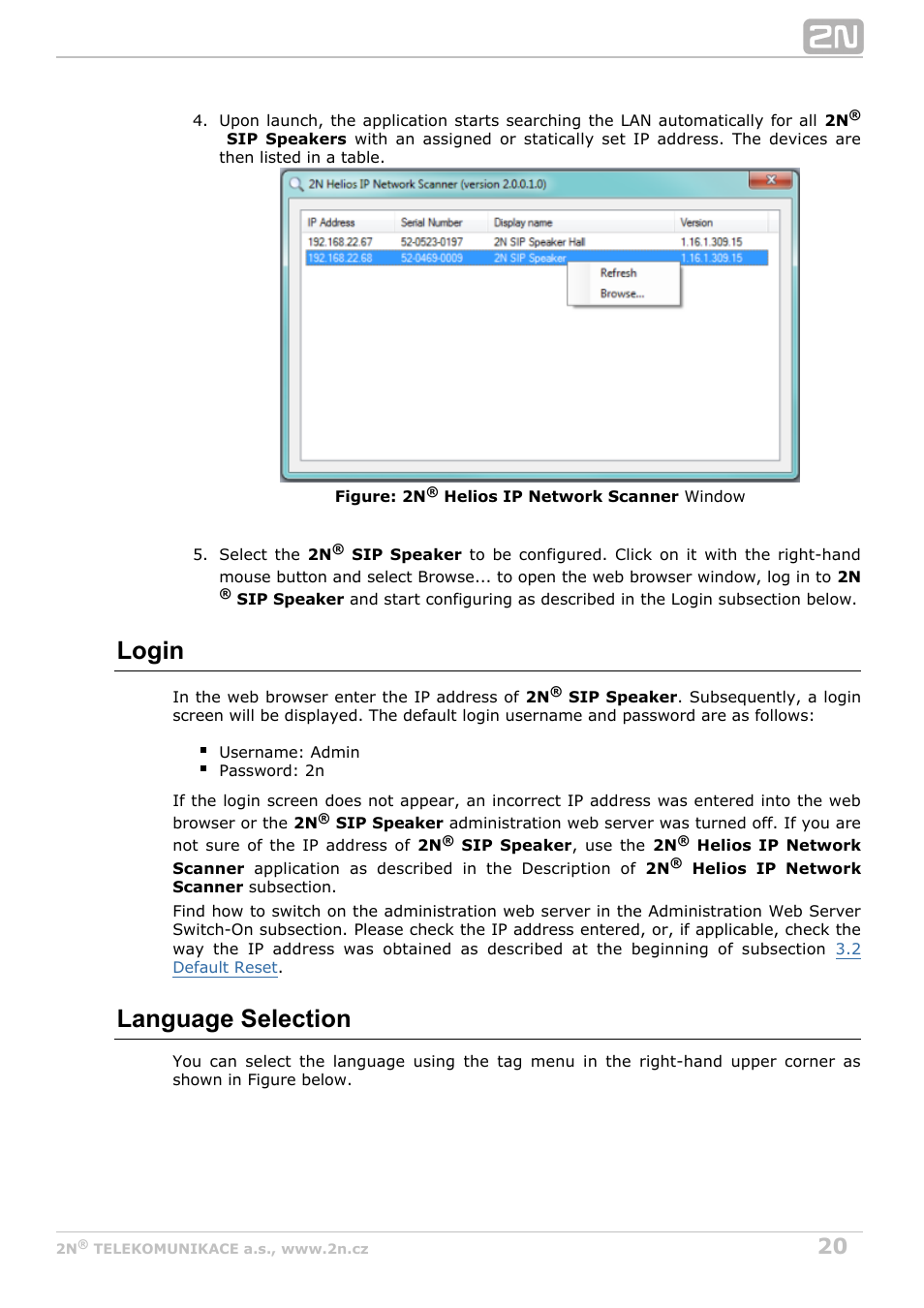 Login, Language selection | 2N SIP Speaker Installation v2.1 User Manual | Page 20 / 36