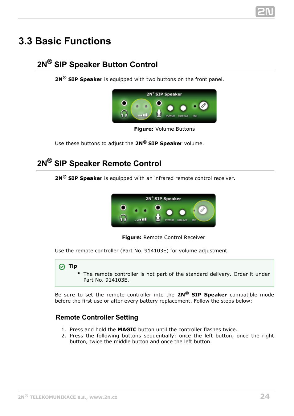 3 basic functions, 2n sip speaker button control, 2n sip speaker remote control | Remote controller setting | 2N SIP Speaker Installation v2.1 User Manual | Page 24 / 36