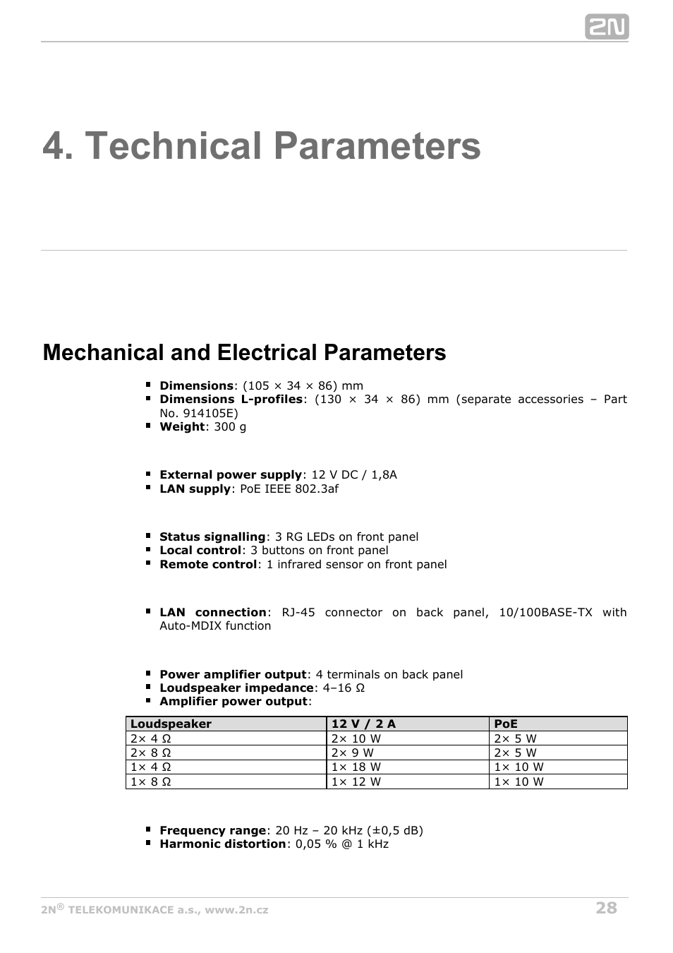 Technical parameters, Mechanical and electrical parameters | 2N SIP Speaker Installation v2.1 User Manual | Page 28 / 36