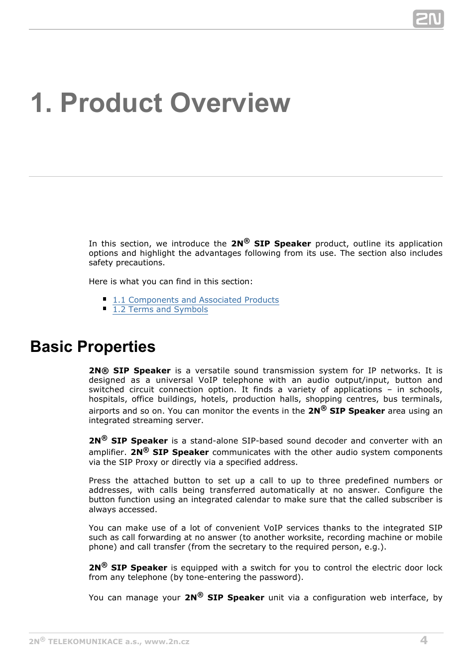 Product overview, Basic properties | 2N SIP Speaker Installation v2.1 User Manual | Page 4 / 36