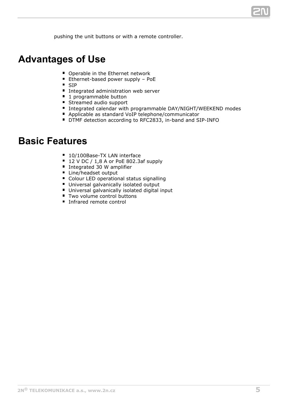 Advantages of use, Basic features | 2N SIP Speaker Installation v2.1 User Manual | Page 5 / 36