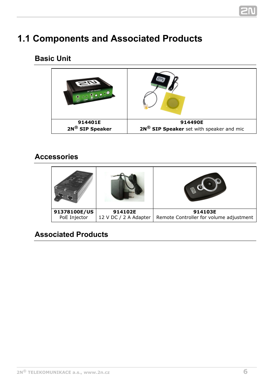 1 components and associated products, Basic unit, Accessories | Associated products | 2N SIP Speaker Installation v2.1 User Manual | Page 6 / 36