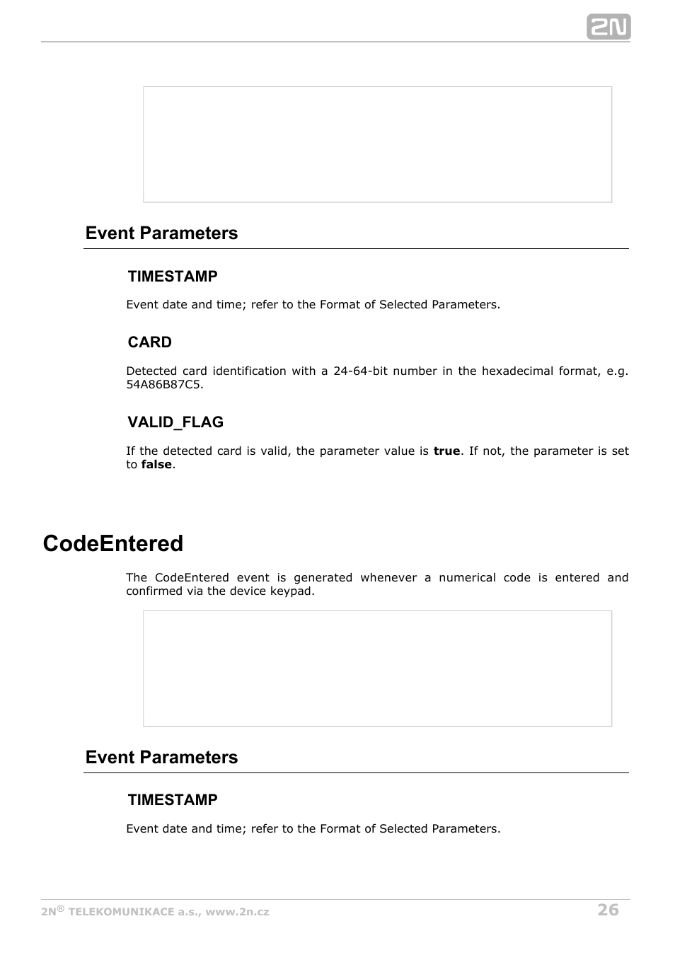 Codeentered, Event parameters, Timestamp | Card, Valid_flag | 2N Helios IP HTTP API Manual v2.7 User Manual | Page 26 / 29