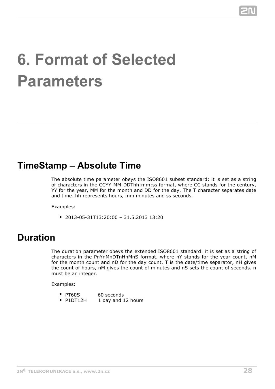 Format of selected parameters, Timestamp – absolute time, Duration | 2N Helios IP HTTP API Manual v2.7 User Manual | Page 28 / 29