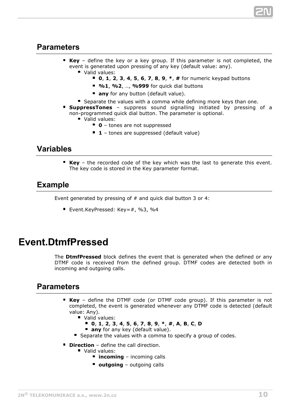 Dtmfpressed, Event.dtmfpressed, Parameters | Variables, Example | 2N Helios IP Automation Manual v2.7 User Manual | Page 10 / 44