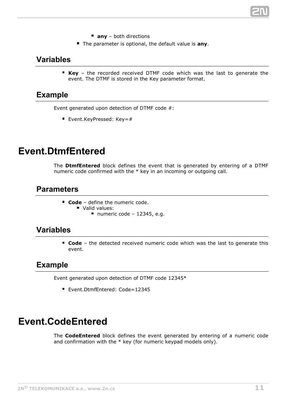 Dtmfentered, Codeentered, Event.dtmfentered | Event.codeentered, Variables, Example, Parameters | 2N Helios IP Automation Manual v2.7 User Manual | Page 11 / 44