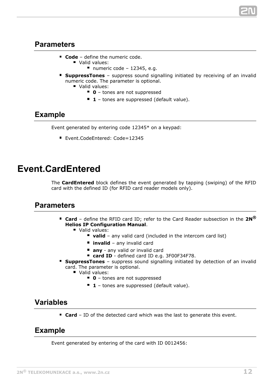 Cardentered, Event.cardentered, Parameters | Example, Variables | 2N Helios IP Automation Manual v2.7 User Manual | Page 12 / 44
