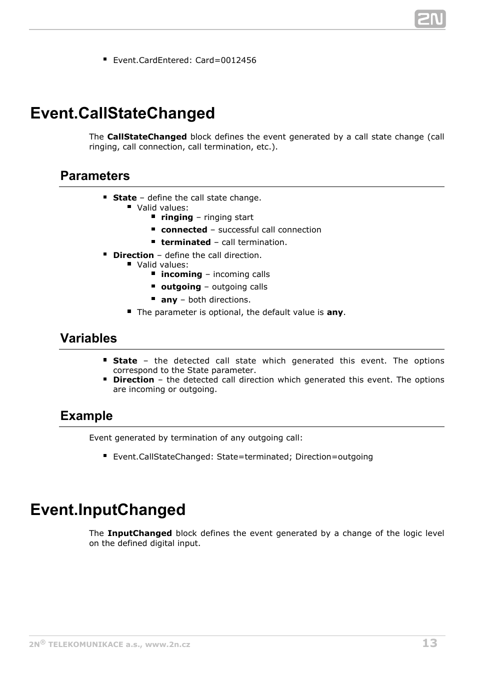 Callstatechanged, Inputchanged, Event.callstatechanged | Event.inputchanged, Parameters, Variables, Example | 2N Helios IP Automation Manual v2.7 User Manual | Page 13 / 44