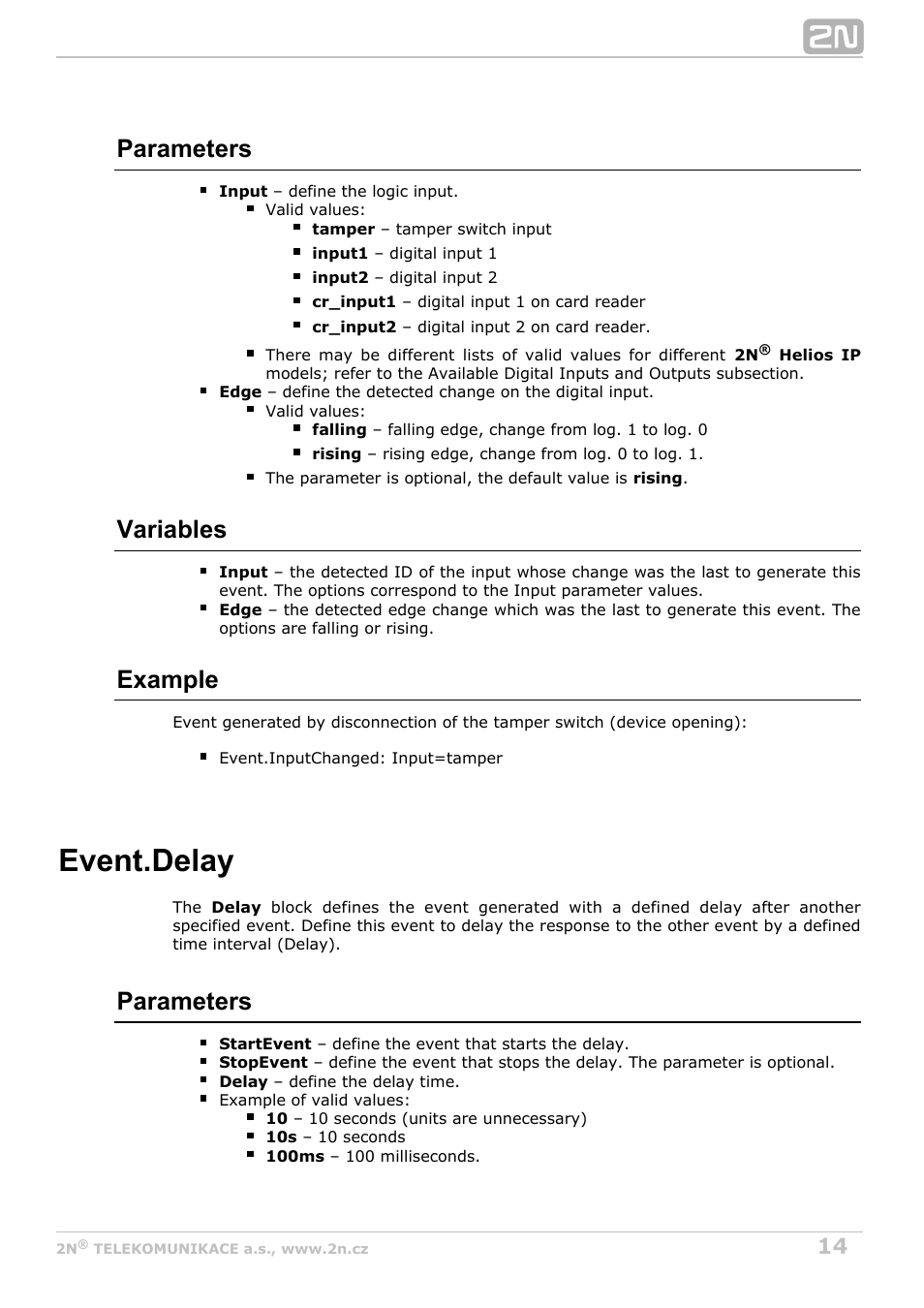 Delay, Event.delay, Parameters | Variables, Example | 2N Helios IP Automation Manual v2.7 User Manual | Page 14 / 44