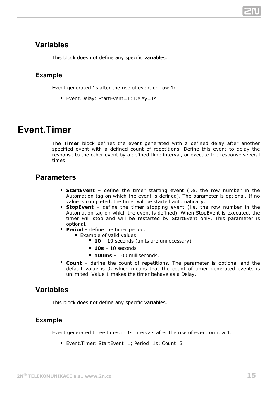 Timer, Event.timer, Variables | Parameters, Example | 2N Helios IP Automation Manual v2.7 User Manual | Page 15 / 44