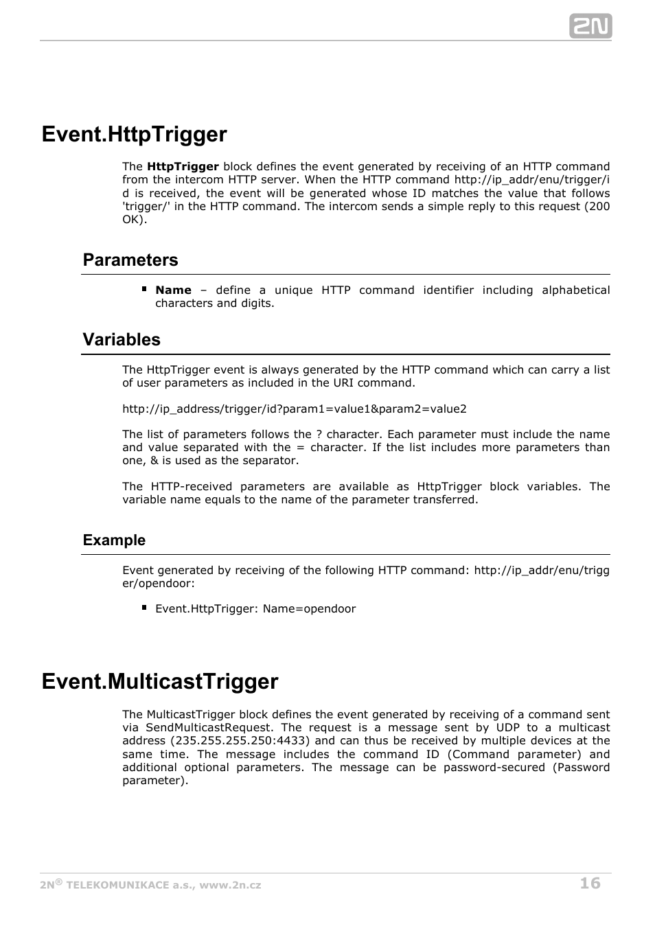Httptrigger, Multicasttrigger, Event.multicasttrigger | Parameters, Variables, Example | 2N Helios IP Automation Manual v2.7 User Manual | Page 16 / 44