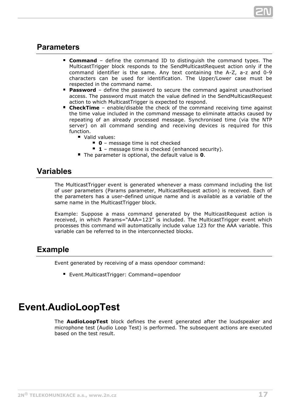 Audiolooptest, Audio test performed, Event.audiolooptest | Parameters, Variables, Example | 2N Helios IP Automation Manual v2.7 User Manual | Page 17 / 44
