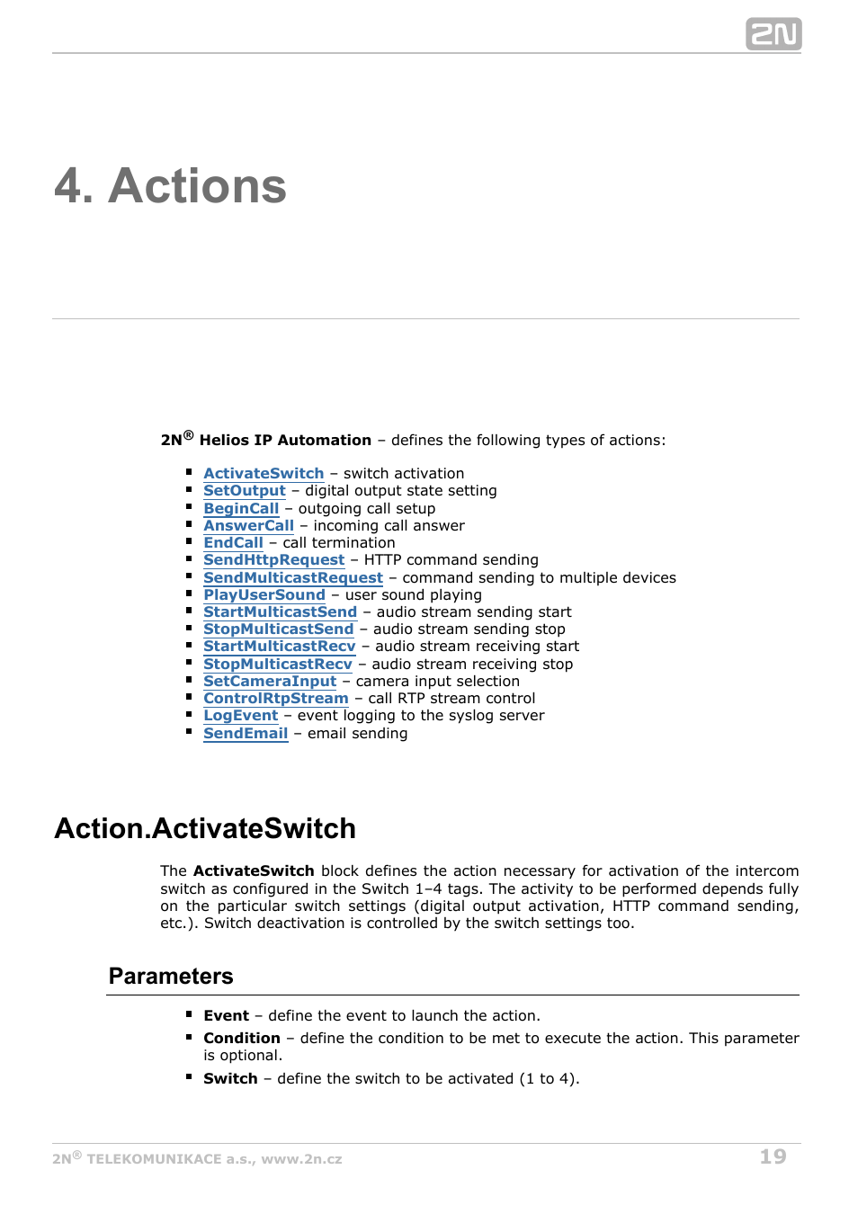 Actions, Action.activateswitch, Parameters | 2N Helios IP Automation Manual v2.7 User Manual | Page 19 / 44