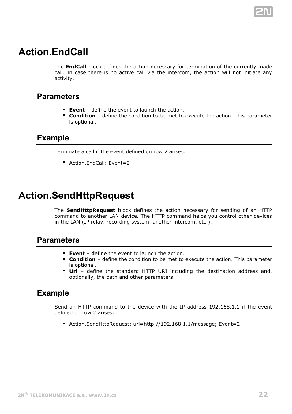 Endcall, Sendhttprequest, Action.endcall | Parameters, Example | 2N Helios IP Automation Manual v2.7 User Manual | Page 22 / 44