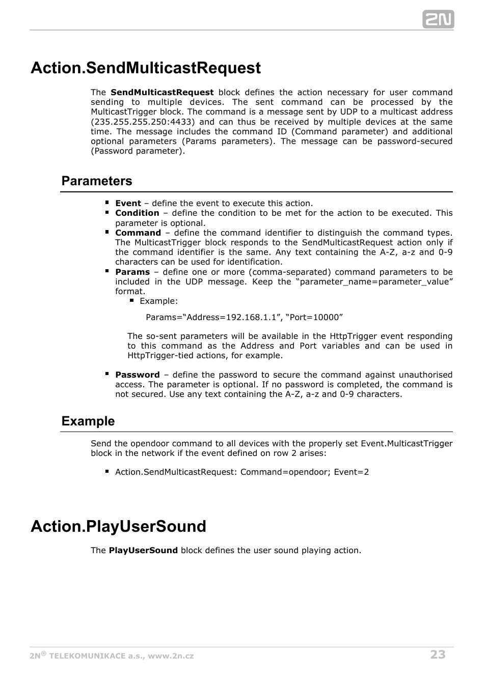 Sendmulticastrequest, Playusersound, User sound playing | Action.sendmulticastrequest, Action.playusersound, Parameters, Example | 2N Helios IP Automation Manual v2.7 User Manual | Page 23 / 44