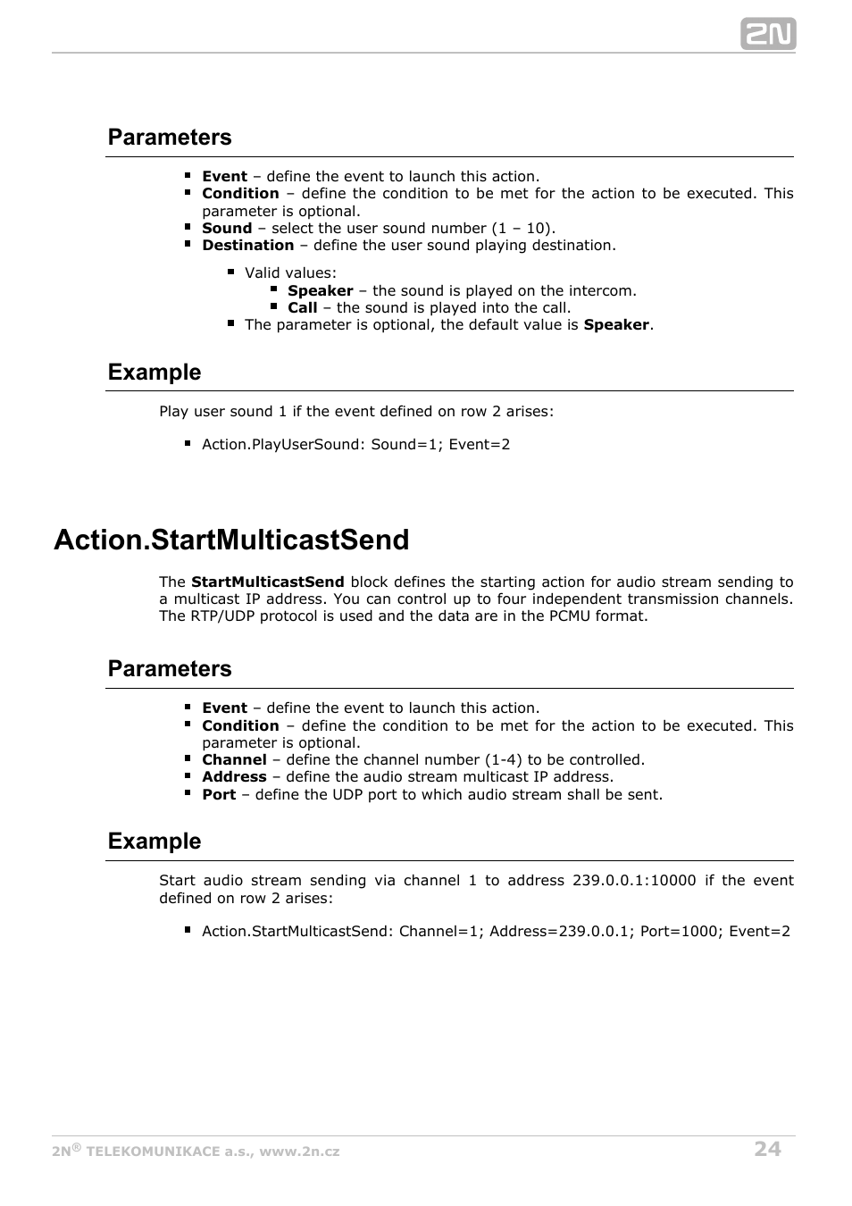 Startmulticastsend, Audio stream sending start, Action.startmulticastsend | Parameters, Example | 2N Helios IP Automation Manual v2.7 User Manual | Page 24 / 44