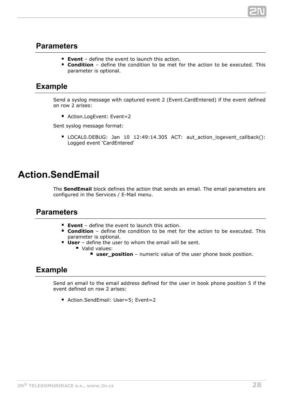 Sendemail, Email sending, Action.sendemail | Parameters, Example | 2N Helios IP Automation Manual v2.7 User Manual | Page 28 / 44