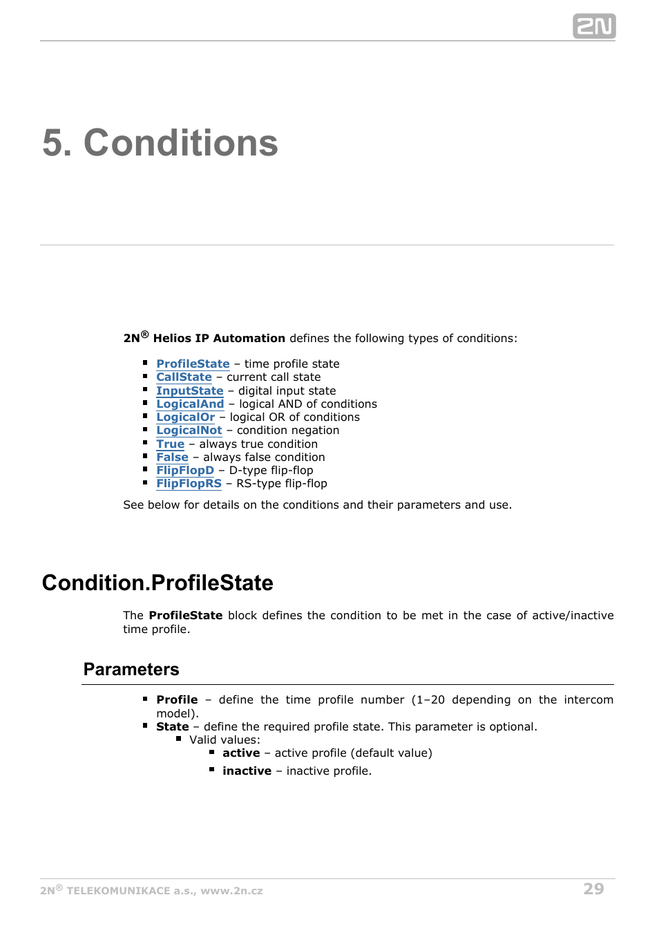 Conditions, Condition.profilestate, Parameters | 2N Helios IP Automation Manual v2.7 User Manual | Page 29 / 44