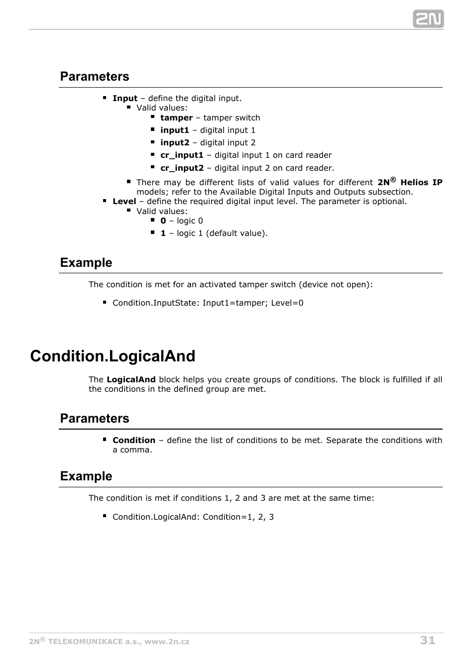 Logicaland, Condition.logicaland, Parameters | Example | 2N Helios IP Automation Manual v2.7 User Manual | Page 31 / 44