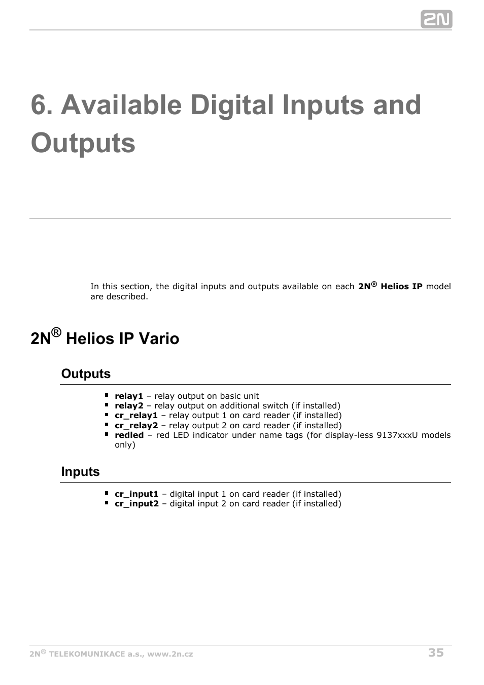 Available digital inputs and outputs, 2n helios ip vario, Outputs | Inputs | 2N Helios IP Automation Manual v2.7 User Manual | Page 35 / 44