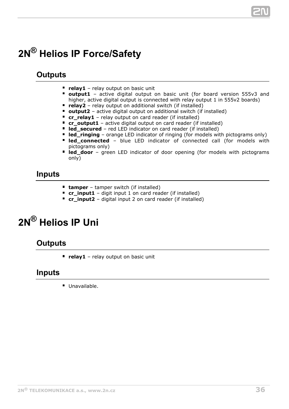 2n helios ip force/safety, 2n helios ip uni, Outputs | Inputs | 2N Helios IP Automation Manual v2.7 User Manual | Page 36 / 44