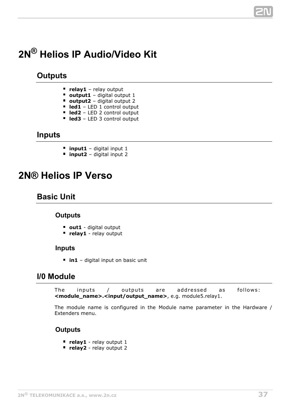 2n helios ip audio/video kit, 2n helios ip verso, Outputs | Inputs, Basic unit, I/0 module | 2N Helios IP Automation Manual v2.7 User Manual | Page 37 / 44
