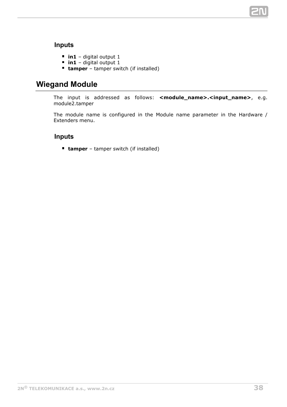 Wiegand module, Inputs | 2N Helios IP Automation Manual v2.7 User Manual | Page 38 / 44