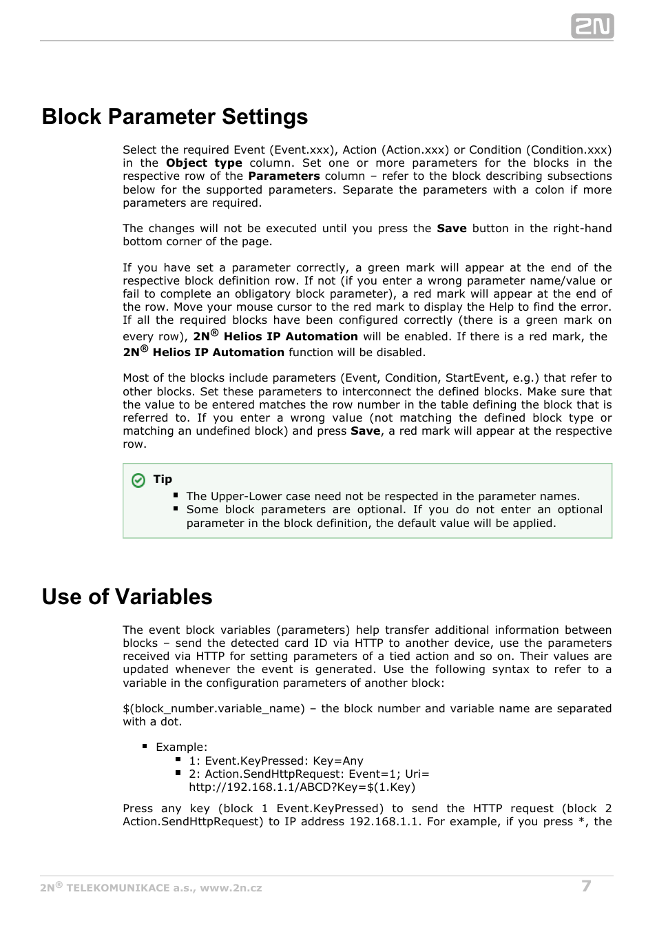 Block parameter settings, Use of variables | 2N Helios IP Automation Manual v2.7 User Manual | Page 7 / 44