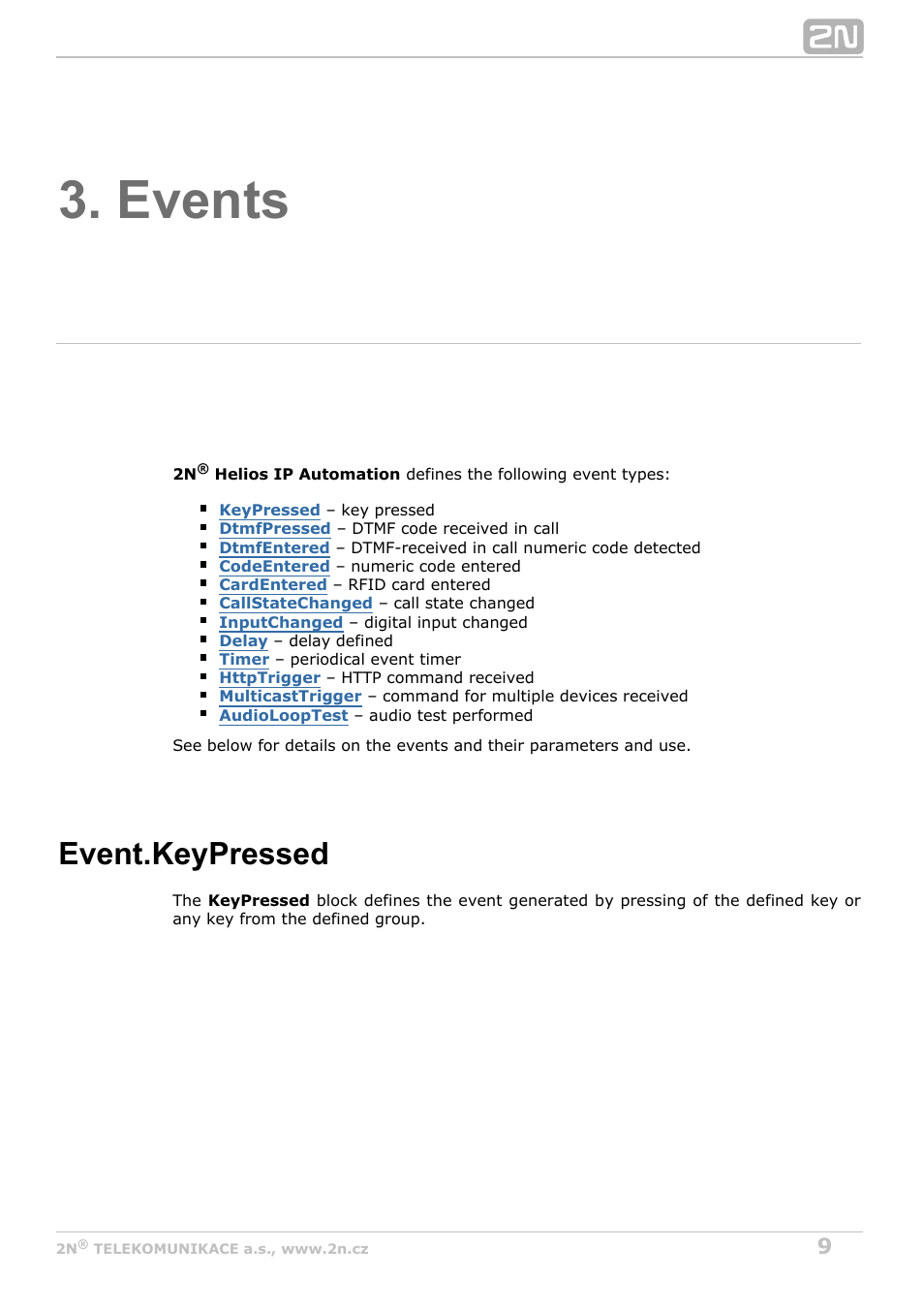 Events, Event.keypressed | 2N Helios IP Automation Manual v2.7 User Manual | Page 9 / 44