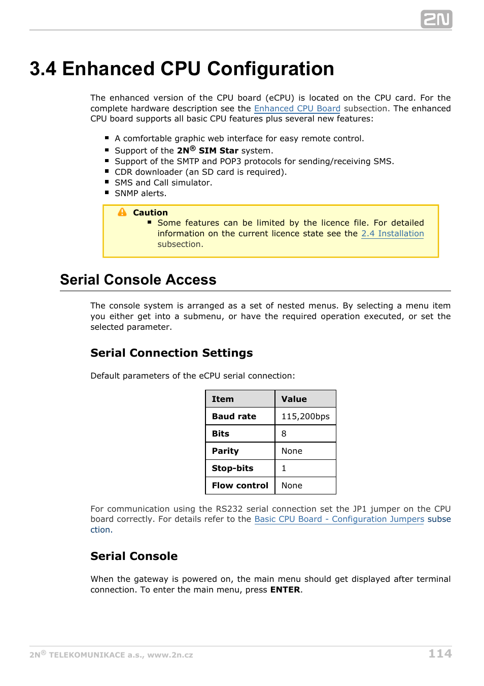 4 enhanced cpu configuration, Serial console access, Serial connection settings | Serial console | 2N StarGate/BlueTower v5.4 User Manual | Page 114 / 194