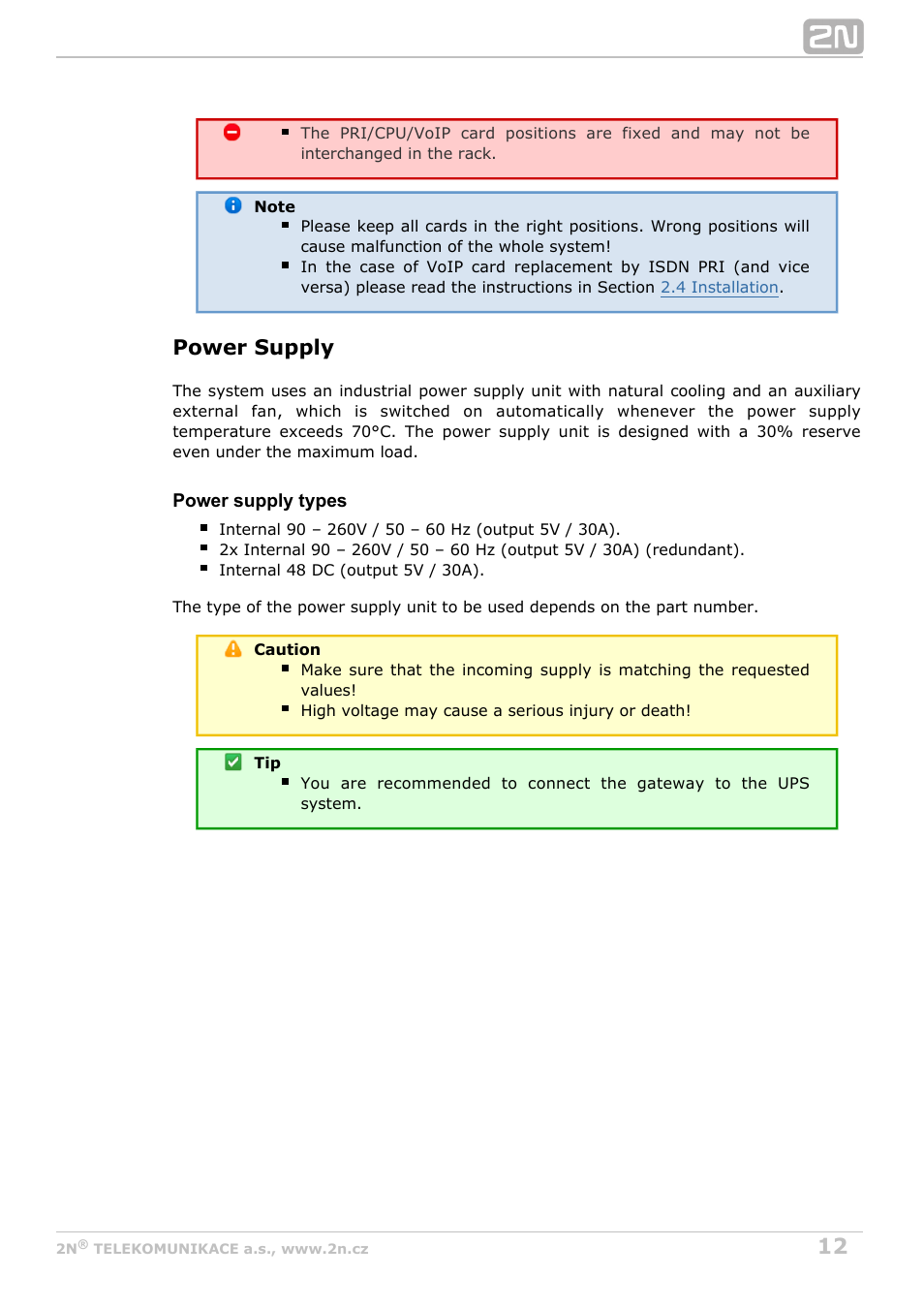 Power supply | 2N StarGate/BlueTower v5.4 User Manual | Page 12 / 194