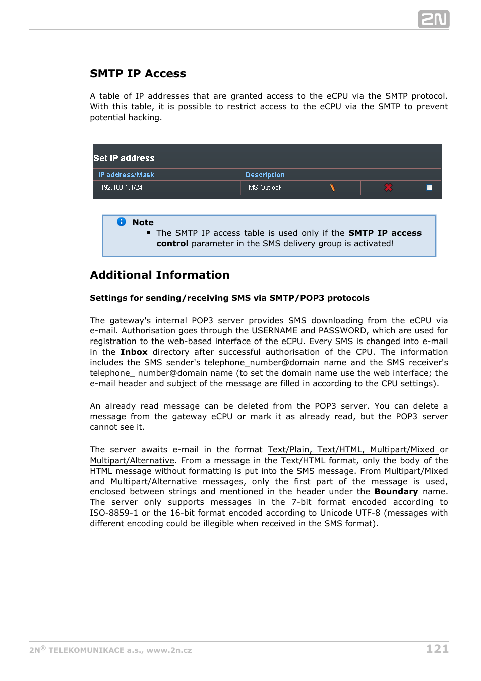 Smtp ip access, Additional information | 2N StarGate/BlueTower v5.4 User Manual | Page 121 / 194