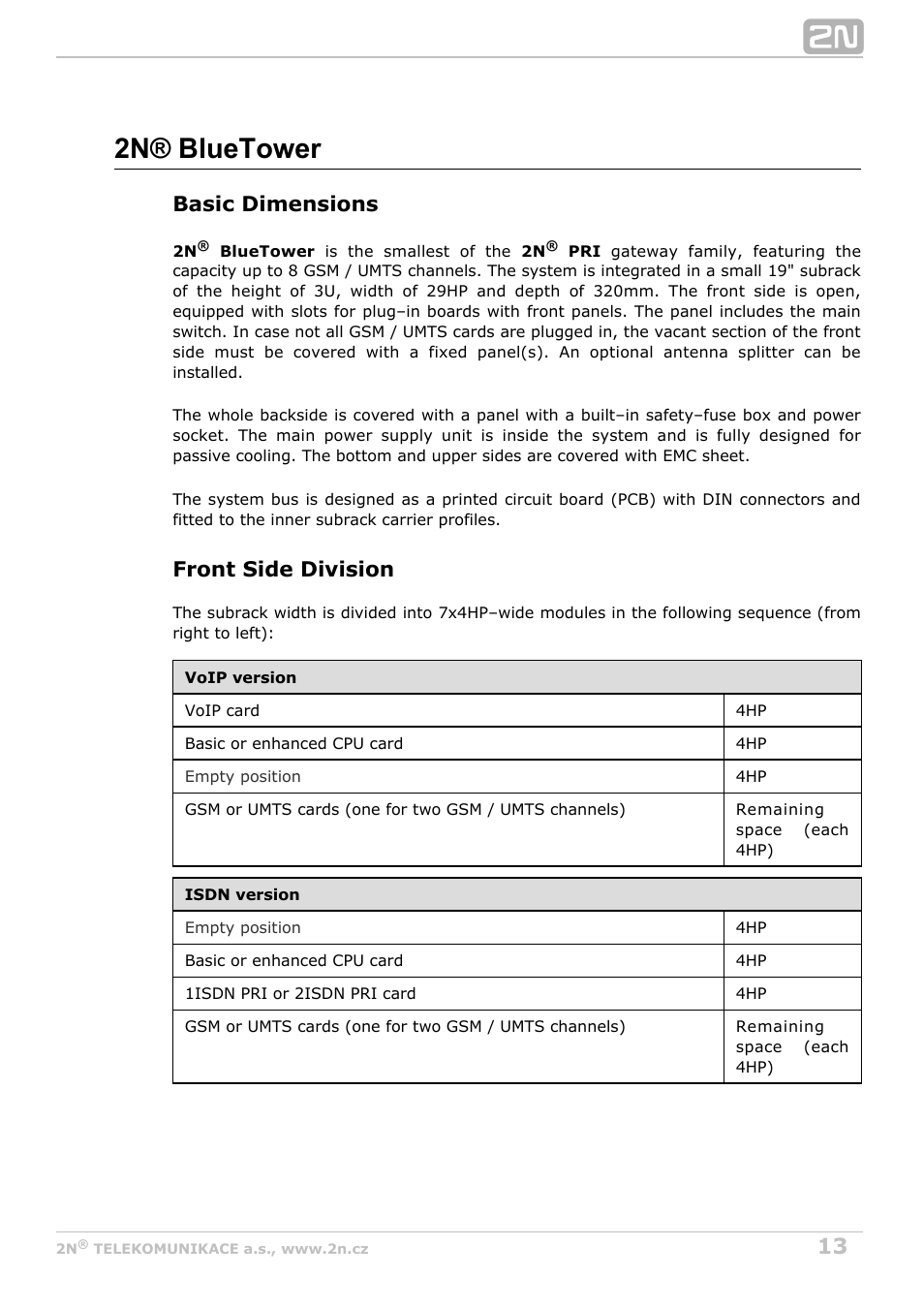 2n® bluetower, Basic dimensions, Front side division | 2N StarGate/BlueTower v5.4 User Manual | Page 13 / 194