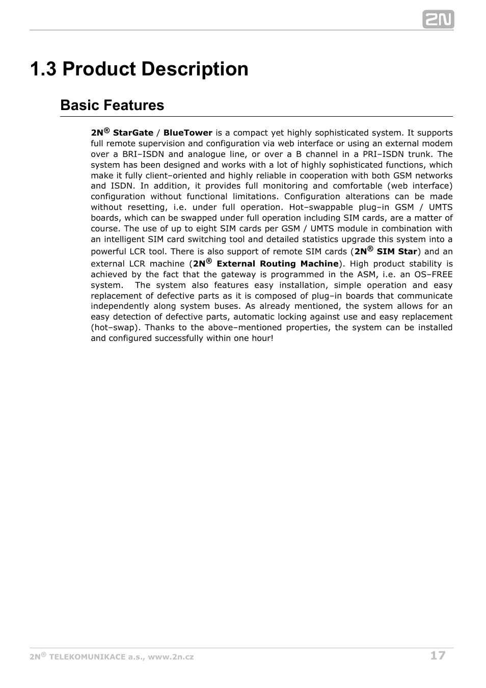 3 product description, Basic features | 2N StarGate/BlueTower v5.4 User Manual | Page 17 / 194