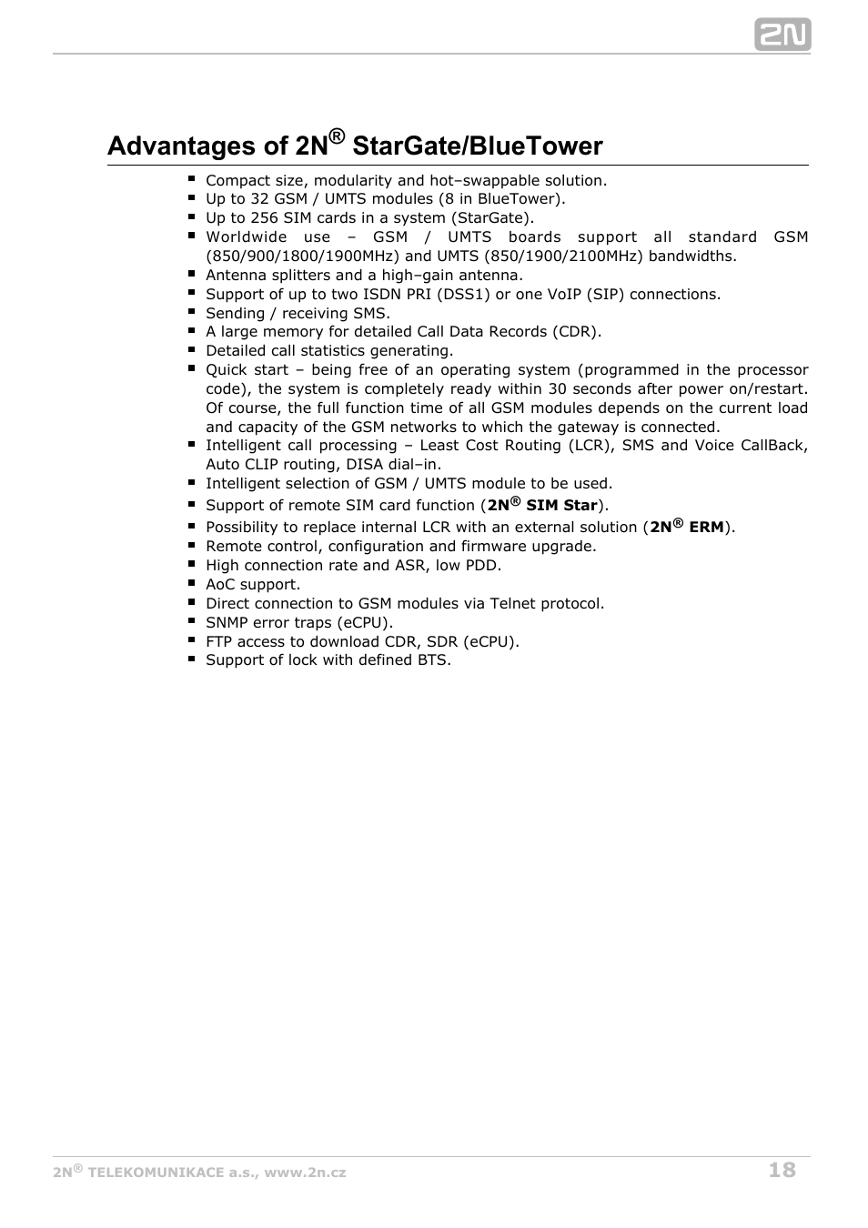 Advantages of 2n stargate/bluetower | 2N StarGate/BlueTower v5.4 User Manual | Page 18 / 194