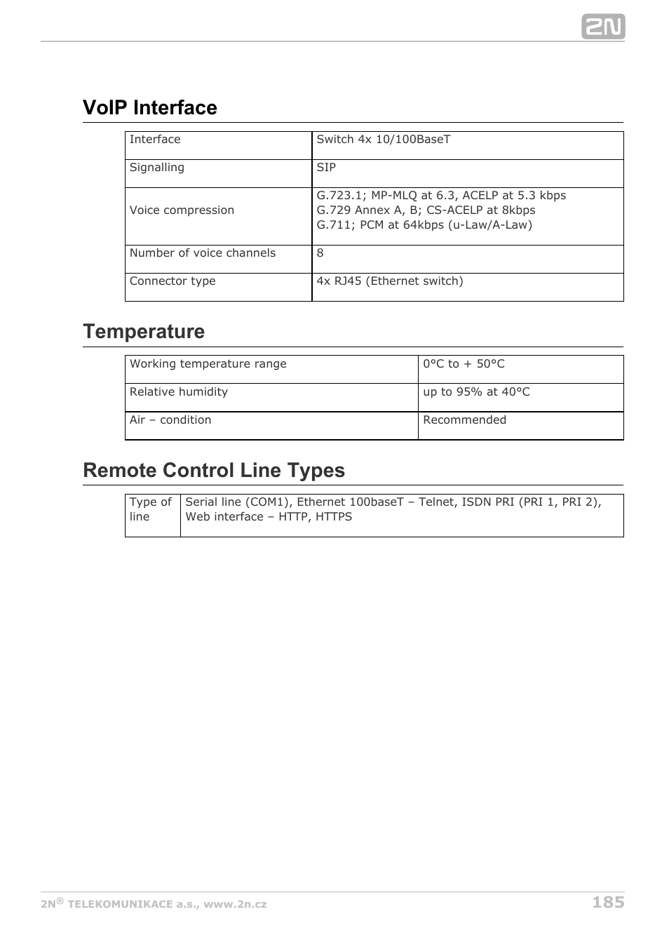 Voip interface, Temperature, Remote control line types | 2N StarGate/BlueTower v5.4 User Manual | Page 185 / 194