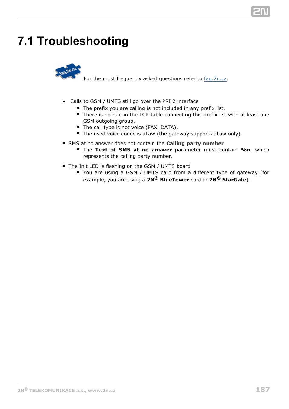 1 troubleshooting | 2N StarGate/BlueTower v5.4 User Manual | Page 187 / 194